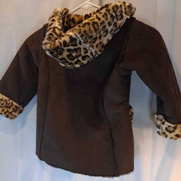 OshKosh B'gosh Girls Basic Coat Brown Leopard Hooded Mid-Length Long Sleeve 4 - Picture 4 of 10